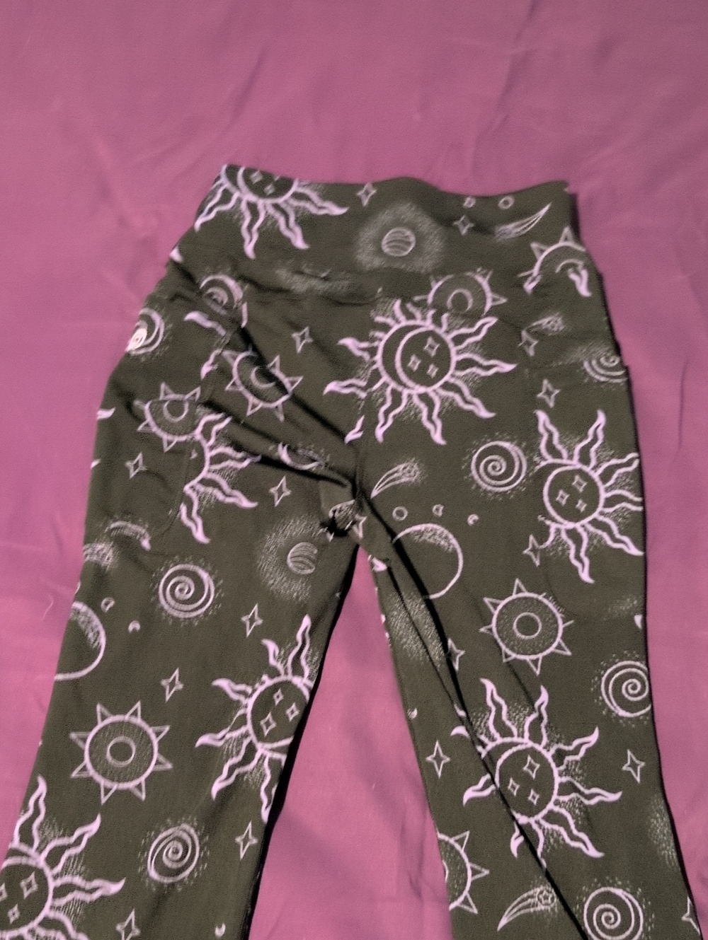 POP Fit Black Leggings with Lavender Sun & Spiral Print
